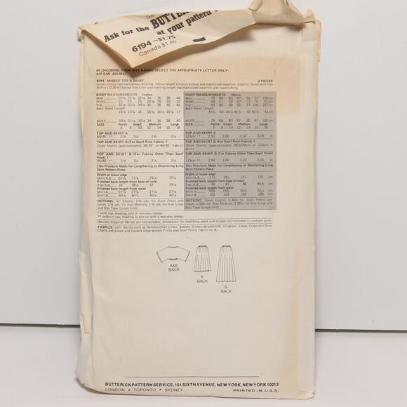 Vintage 70s Butterick 6194 Kimono Top & Skirt Pattern Size B (S-M-L) CUT - Picture 2 of 3